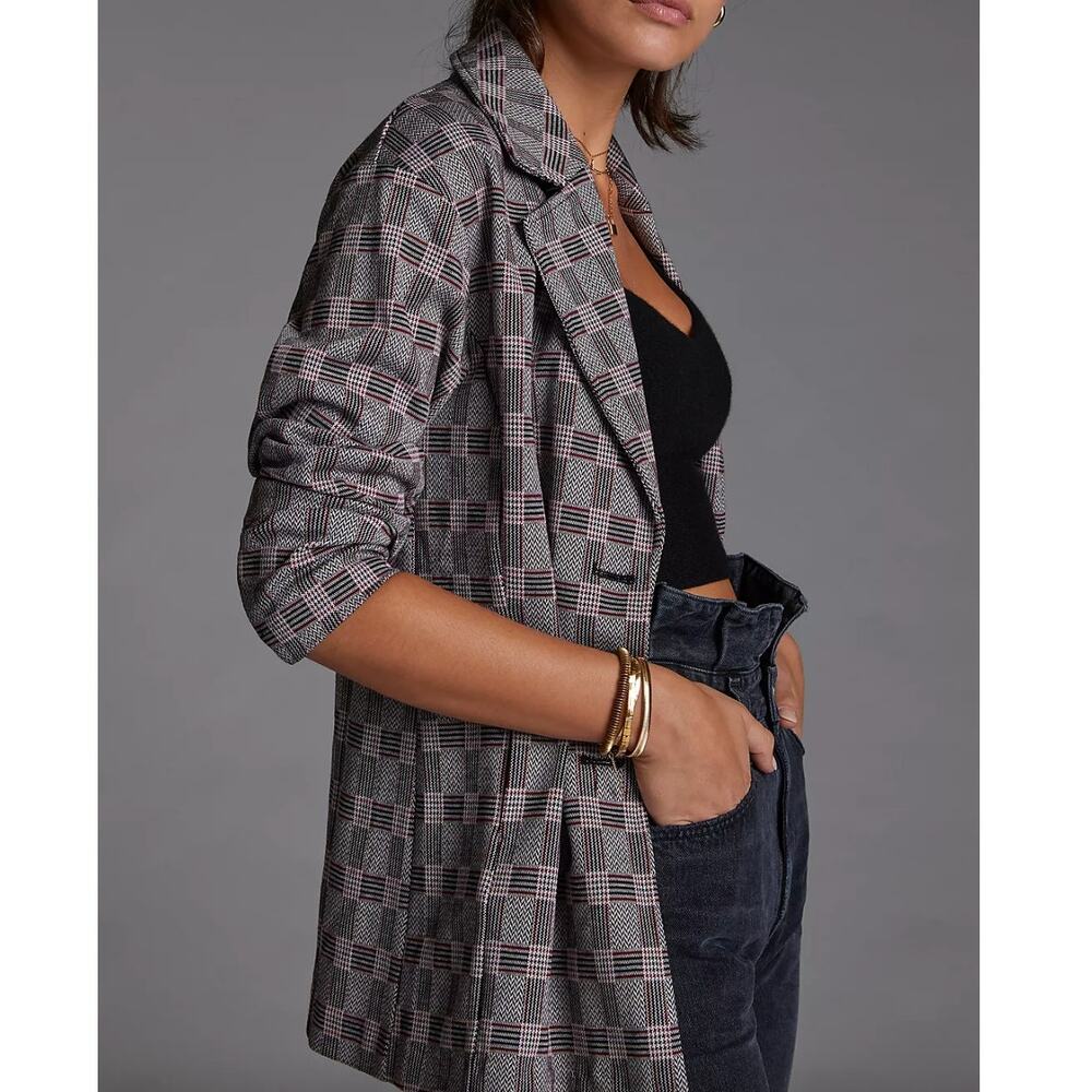 Anthropologie Avec Les Filles Longline 2 Button Plaid Soft Blazer • Size L
